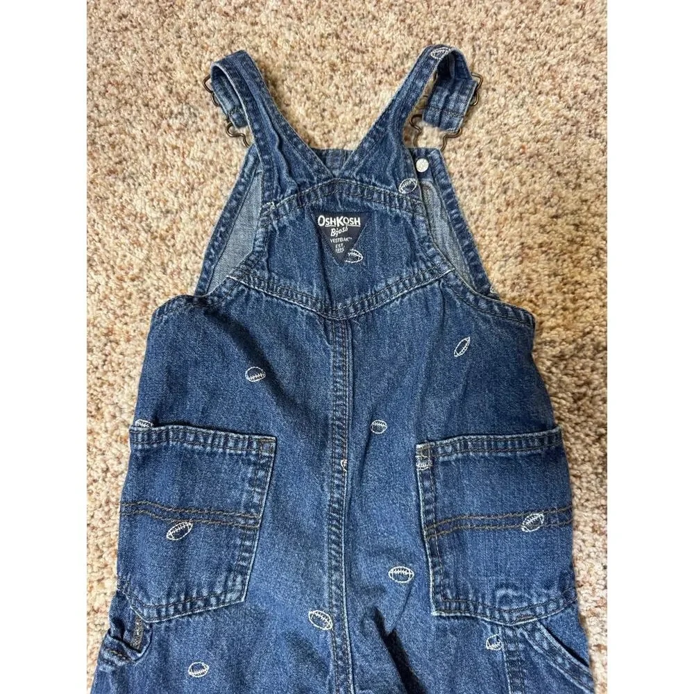 OshKosh B'gosh Football Embroidered Denim Overalls Vestbak Toddler Boys 24M Blue